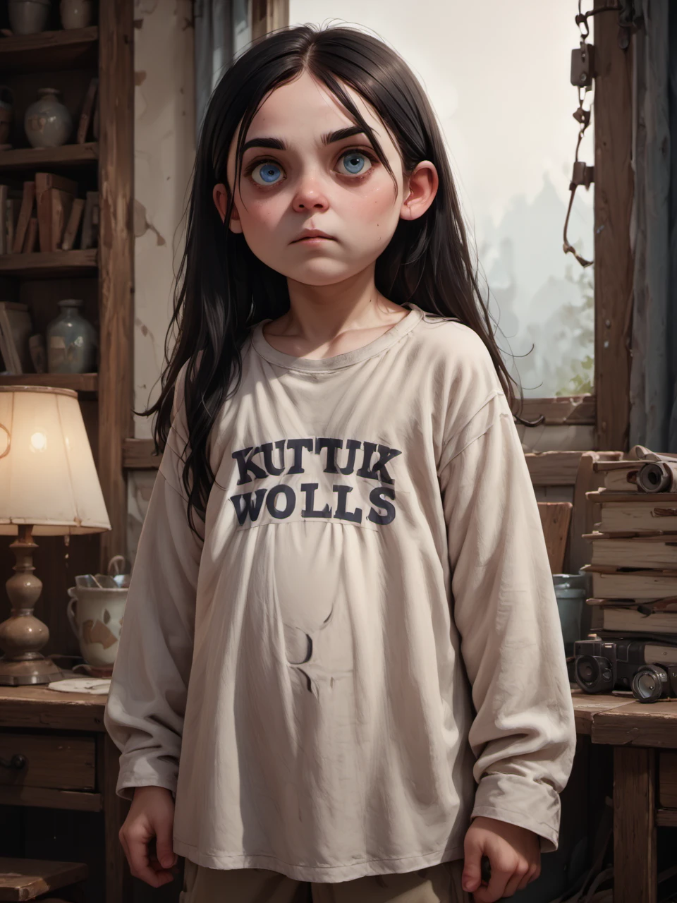 score_9, score_8_up, score_7_up,  score_6_up, BREAK, WolTruffles, 1girl, solo, black hair, long hair, hair between eyes, blue eyes, child, simple white shirt, oversized clothes, <lora:David_style:1> Poststyl  <lora:Truffles:0.8>