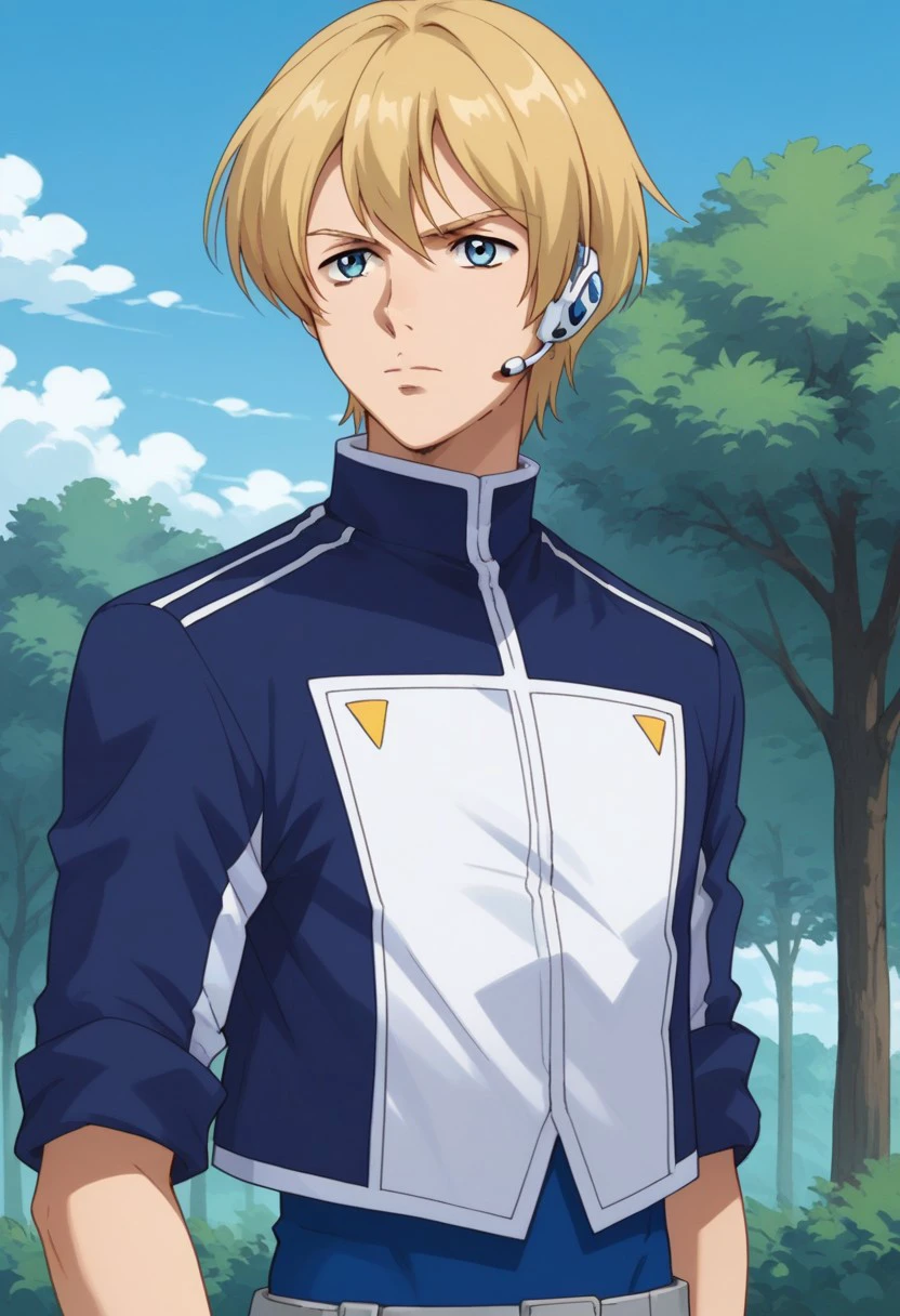 score_9, score_8_up, score_7_up, source_anime, highly detailed, 
1boy, male focus, solo, blonde hair, blue eyes, uniform, shirt, blue shirt, jacket, cropped jacket, blue jacket, , upper body, headset, serious.
outdoor, sky, cloud, tree