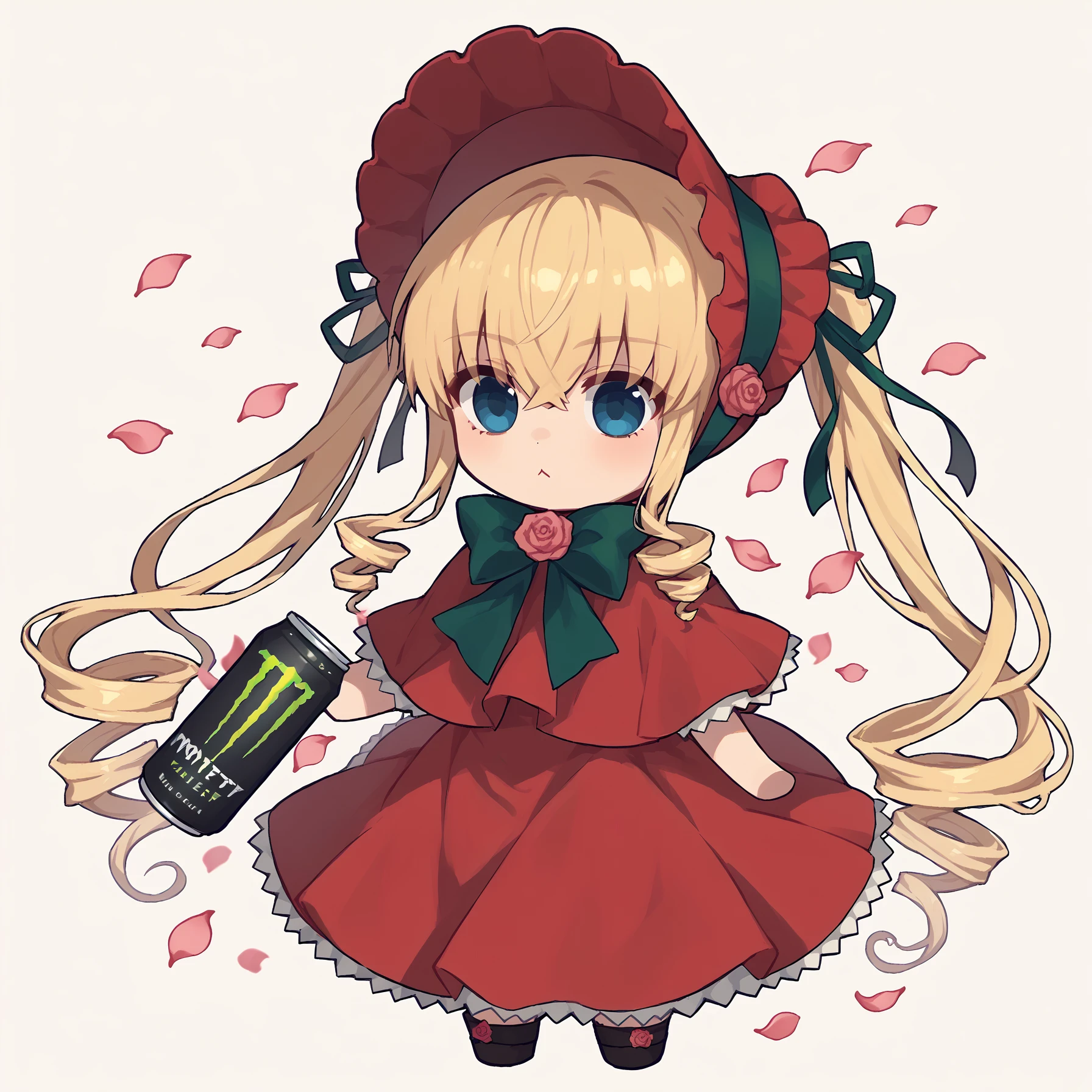 score_9, score_8_up, score_7_up, score_6_up, score_5_up, score_4_up, BREAK
chibi, sticker,
shinku, bonnet, bow, bowtie, capelet, crossed bangs, dress, drill hair, eyes visible through hair, floating hair, flower, green bow, green bowtie, hair between eyes, highres, long hair, petals, pink flower, pink rose, red capelet, red dress, red flower, red headwear, red rose, rose, rozen maiden, twin drills, blonde hair, very long hair,  <lora:shinku:0.8>
monster energy, holding monster energy, <lora:monsterEenergy_pony:0.7>