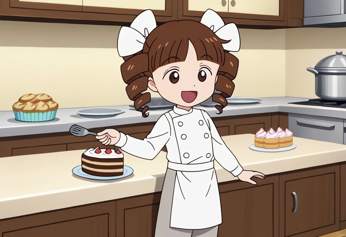 score_9, score_8_up, score_7_up BREAK HimekoJ, 1girl, brown hair, hair drills, blunt bangs, brown dot eyes, white ribbons, white chef outfit, white cook outfit, gray pants, black shoes, cooking sweets, baking sweets, happy, screenshot, official art, parody, anime footage, official design, screencap, anime screenshot, official screenshot, 2d, anime, source_anime, solo, solo focus, bakery kitchen indoors, bakery kitchen, cakes and sweets,