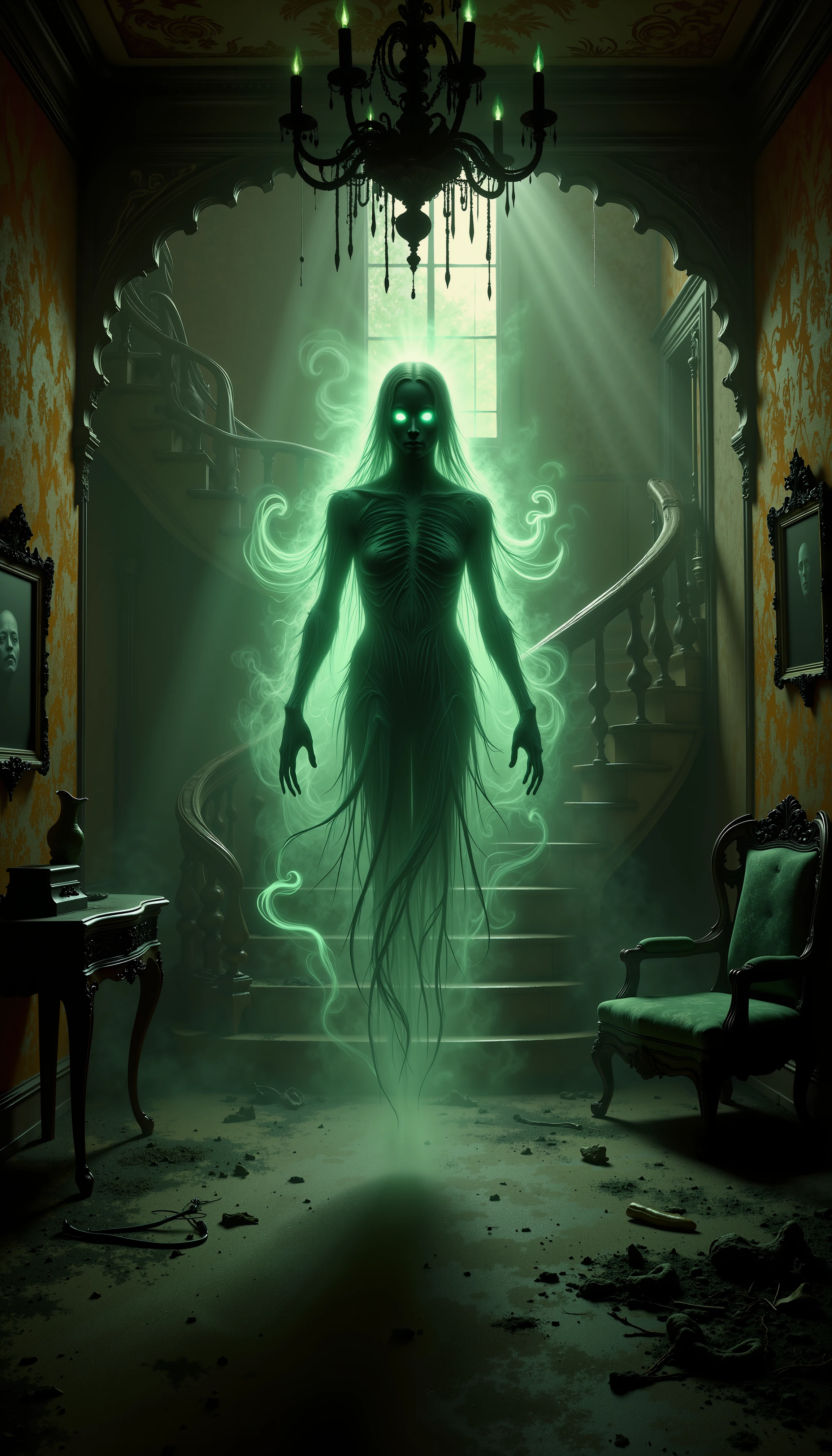 A hyper-realistic depiction of a spectral entity haunting a dilapidated Victorian mansion. The translucent ghost hovers in the center of a decaying grand foyer, its form shifting and undulating like smoke. Its face is a haunting blend of human features, with hollow eyes that emit a soft, eerie green glow. The abandoned house is bathed in an unsettling mix of sickly green and warm orange hues. Moonlight filters through broken windows, casting long, distorted shadows across peeling wallpaper and dust-covered antique furniture. Cobwebs stretch across corners and hang from a once-grand chandelier, now tarnished and askew. The ghost's ethereal body emanates a faint, pulsating green aura that illuminates nearby surfaces, creating a stark contrast with the deep shadows that seem to crawl up the walls. Wisps of spectral energy trail behind the entity as it moves, disturbing the thick layer of dust on the floor. Shadowy elements dominate the scene, with dark, angular shapes stretching across the room, giving the impression that the shadows themselves are alive and reaching for the ghost. The staircase in the background is shrouded in darkness, hinting at unseen horrors lurking on the upper floors. Every detail is rendered with photorealistic precision: the intricate woodwork on the deteriorating banisters, the subtle variations in the ghost's translucent form, and the play of light and shadow on various surfaces. Dust particles dance in the shafts of moonlight, adding to the atmosphere of abandonment and decay. The overall composition creates a chilling scene of a spirit trapped between worlds, forever bound to haunt the remnants of its former life in this forgotten, crumbling mansion., <lora:Flux_Eerie Ghoulish Style ð_epoch_5.safetensors:0.5:0.5>