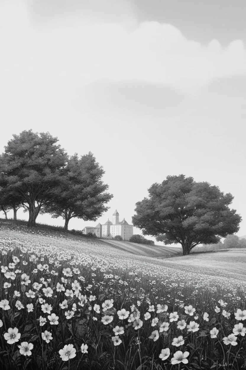 score_9, score_8_up, score_7_up, monochrome,high contrast，pencil drawing，
flower, outdoors, field, scenery, tree, grass, building, flower field, sky, no humans