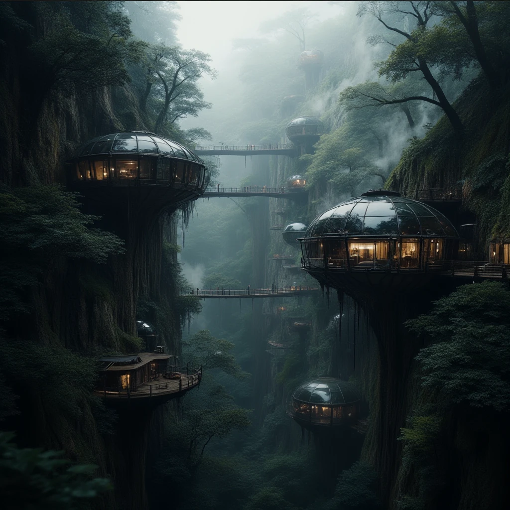 professional 3d model cinematic film still  <lora:b739bf37-a09b-4a0d-9d41-2ad4ce709642.TA_trained:0.8>"A breathtaking village of futuristic treehouses nestled deep within a mist-covered forest. The spherical structures, built from a combination of glass, metal, and wood, are seamlessly integrated into the massive, ancient trees. Bridges connect the homes high above the forest floor, creating a network of dwellings perched on the edge of towering cliffs. Ivy and moss drape over the buildings, blending them into the natural surroundings, as soft, glowing lights inside the homes contrast with the dark, misty forest outside. The atmosphere is serene and mystical, with a sense of harmony between advanced technology and the untouched wilderness, as if the inhabitants have mastered the balance of nature and progress." . shallow depth of field, vignette, highly detailed, high budget, bokeh, cinemascope, moody, epic, gorgeous, film grain, grainy . octane render, highly detailed, volumetric, dramatic lighting
