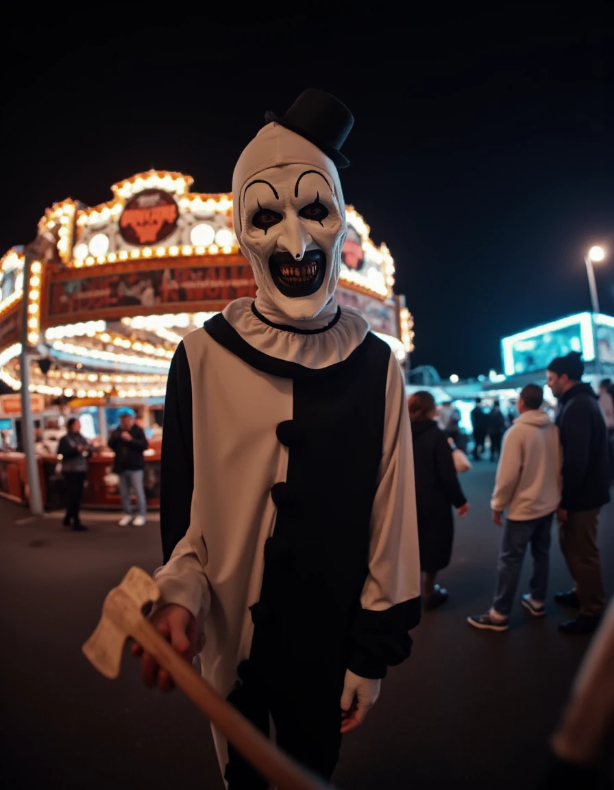 low angle fisheye shot of Art The Clown holding an axe with a creepy smile on his face, standing in front of a carnival at night, people in the bokeh background, vivid lights, long exposure effect, motion blur, horror themed, haunted cinematic photo