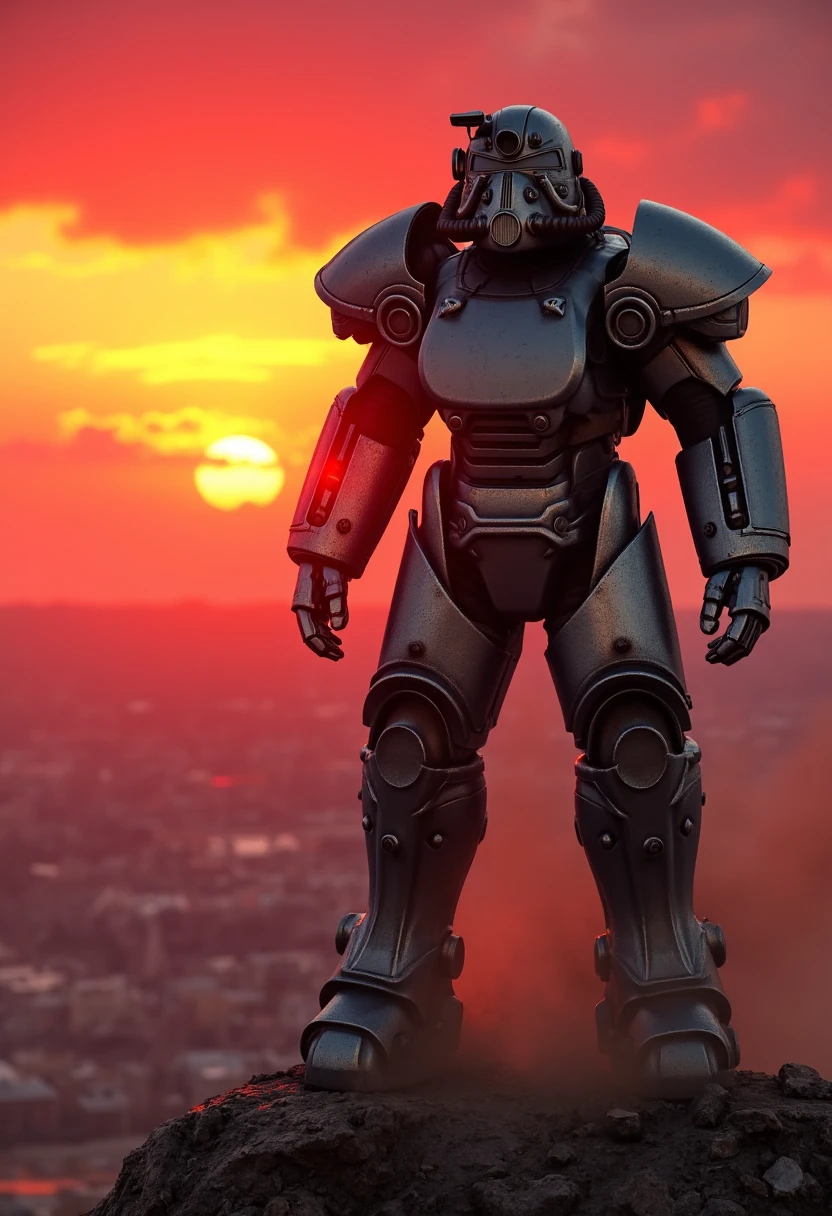 Imagine an image in the style of dramatic cinematic photorealism: A T51 power armor stands tall on a cliff overlooking a vast wasteland, the sun setting in a fiery red sky. The armor’s metallic surfaces gleam in the fading light, with deep scratches and battle-worn dents visible. Wind sweeps dust and debris across the scene, highlighting the desolation below.