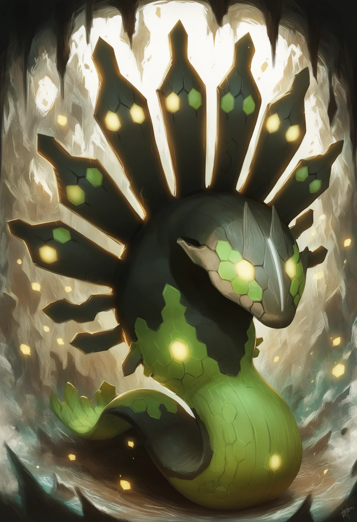 zPDXL3, score_9_up, score_8_up, score_7_up, detailed, (best quality:1.2), hi res, digital media \(artwork\) BREAK full-length portrait, glowing, zygarde_50, pokemon (creature), green and black body, compound eyes <lora:detailed_notrigger:1> <lora:Zygarde50_Pokemon_V1:1>