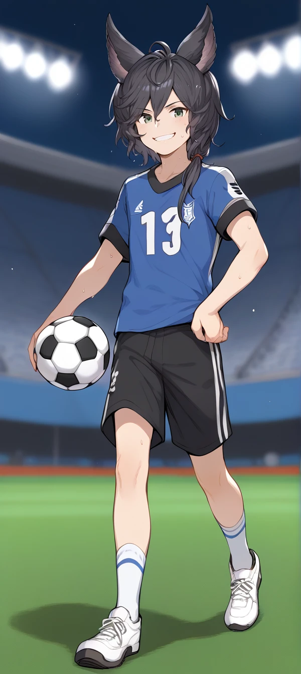 1boy,solo,male focus,smile,blurry background,mordred(granblue),animal ears,black hair,green eyes,erune,big smile,sweating,soccer clotehes,t-shirt,shorts,socks,sneakers,playing soccer,soccer ball,smile