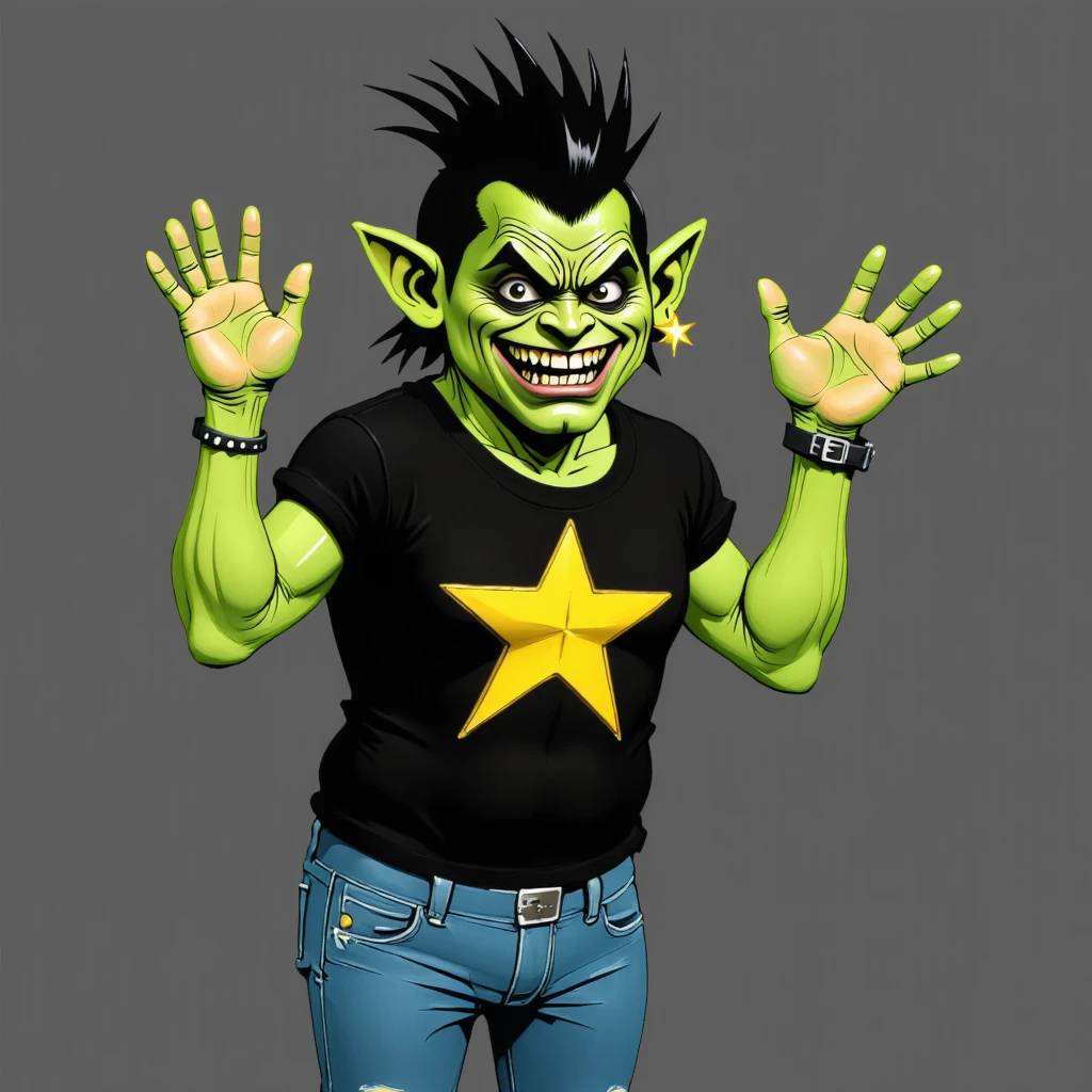 t-pose, a happy <lora:NoslooTheGreat punk-flux:.75> NoslooTheGreat dark troll wizard punk rocker with a black t-shirt with a gold star on it and jeans,character sheet <lora:Everly Heights Character Maker FLUX:1>