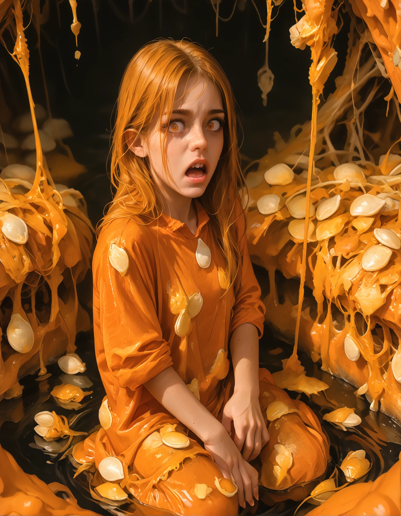 score_9, score_8_up, score_7_up, score_6_up, realistic,
wide angle, cave, from above, 
1girl, witch costume, shocked, full body, (covered in pumpkinnards slime:1.6), wading through an (orange swamp:1.2) of (pumpkinnards:1.3), 
dramatic lighting, cinematic lighting, (horror scene), movie poster, (orange theme:1.3),
embedding:zPDXL2 ,