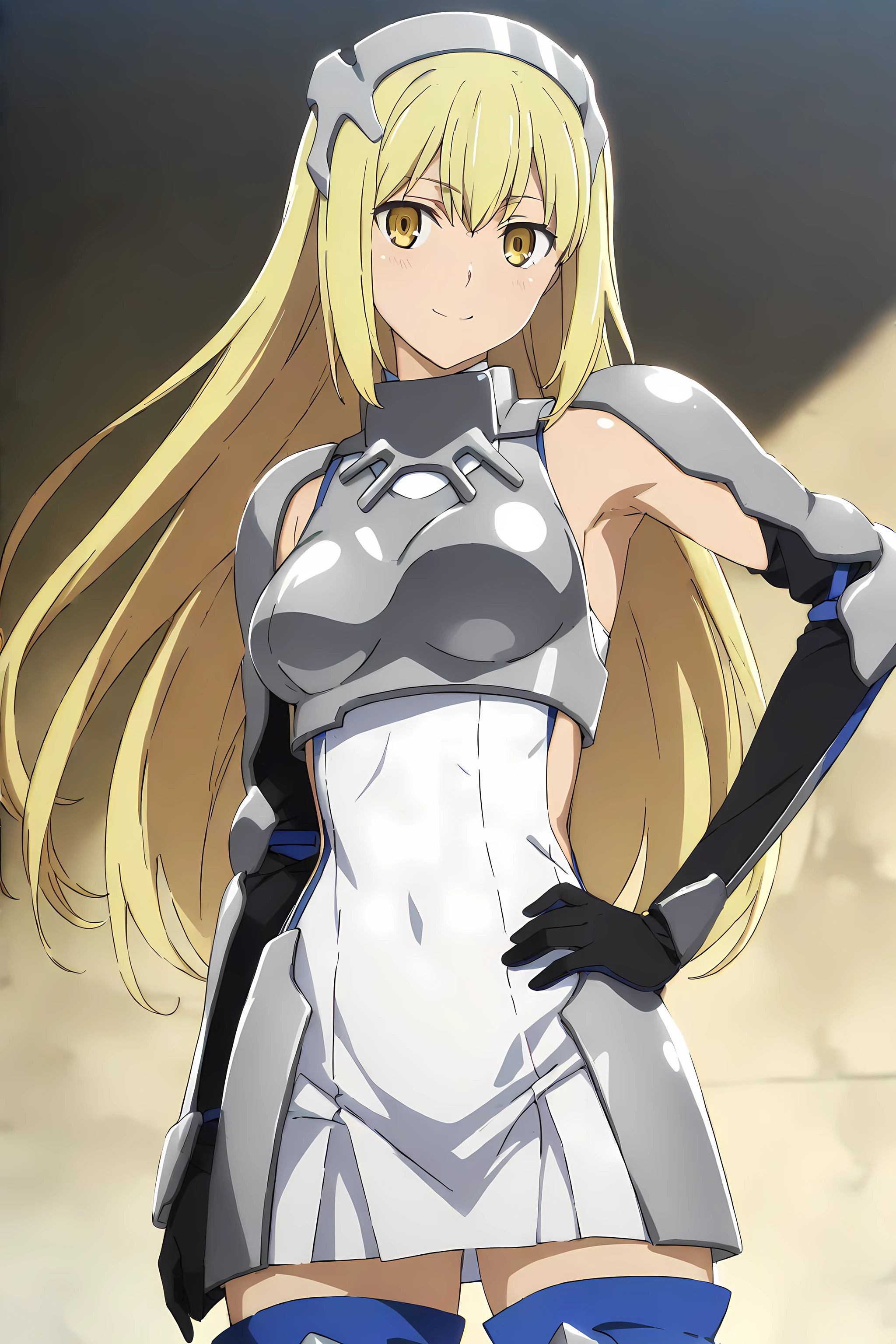 ais_wallenstein, 1girl, solo, blonde hair, long hair, yellow eyes, medium breasts, armor, breastplate, dress, blue thigh boots, white background, looking at viewer, armpits, hand on hip, smile, simple background, cowboy shot, anime coloring<lora:Ais_Wallenstein:1>, (masterpiece),(best quality),(ultra-detailed),(best illustration),(best shadow),(absurdres),(detailed background),(very aesthetic),