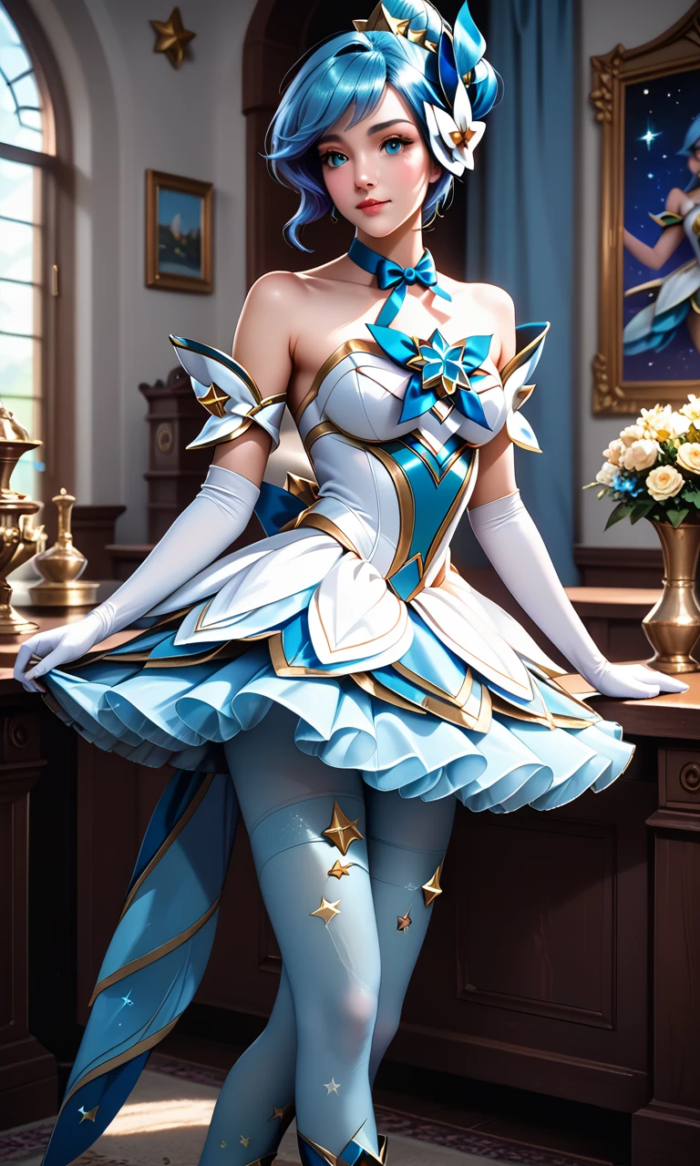 score_9, score_8_up, score_7_up, (solo, 1girl), absurdres, ,highres, official wallpaper), (masterpiece, best quality), (illustration, realistic), (perfect details, highest detailed, extreme detailed), <lora:SGOriSDXL-000040:1>,  star guardian orianna, ((light blue pantyhose), elbow gloves, hair ornament, star guardian (league of legends), neck ribbon, star symbol, blue hair, dress, skirt