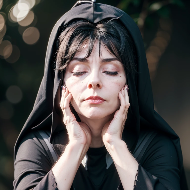 hires photo of simple background, 3lv1r@, face focus, close up, head tilt up, one hand over own forehead, palm out, eyes closed, tears, nun habit, head dress <lora:Elvira:0.8>, bokeh, Depth of Field, realistic, intricate details, high resolution, OverallDetail