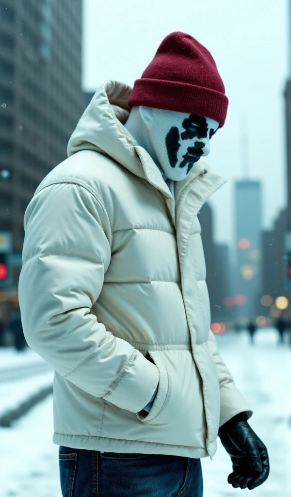 a full body Rorschach wears an oversized white padded hoodie and a red a sky beanie and black mitten in a city with snow<lora:Rorschach:0.8>