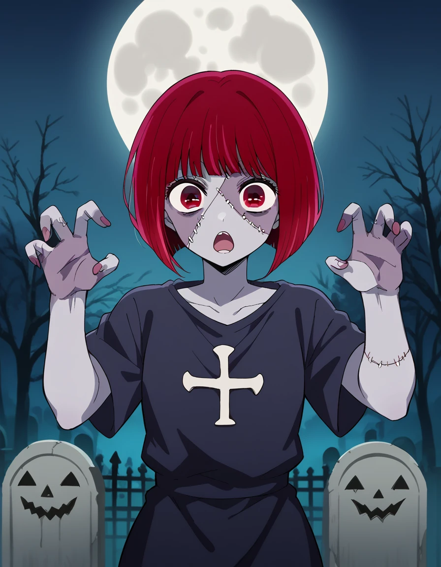 score_9, score_8_up, score_7_up, source_anime, kanaarima, <lora:kana-arima-s1-ponyxl-lora-nochekaiser:1>, kana arima, short hair, bangs, red eyes, red hair, bob cut,, <lora:zombie-ponyxl-lora-nochekaiser:1>, zombie, colored skin, stitches, grey skin, multicolored skin, stitched face, zombie pose, halloween, halloween costume,, night, moon, graveyard, tombstone, grave, open mouth,, looking at viewer