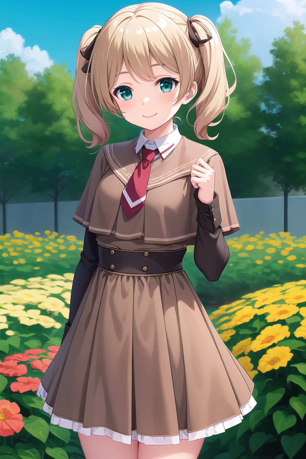 (masterpiece, best quality), highly detailed background, perfect lightingbest quality, etokurumi, solo, outdoors, garden, blonde hair, twintails, bangs, medium hair, green eyes, small breasts, brown capelet, brown dress, brown bow, brown ribbon, brown necktie, brown shirt, long sleeves, white skirt, smile, closed mouth, :), pink lips, <lora:Eto-Kurumi:0.7>