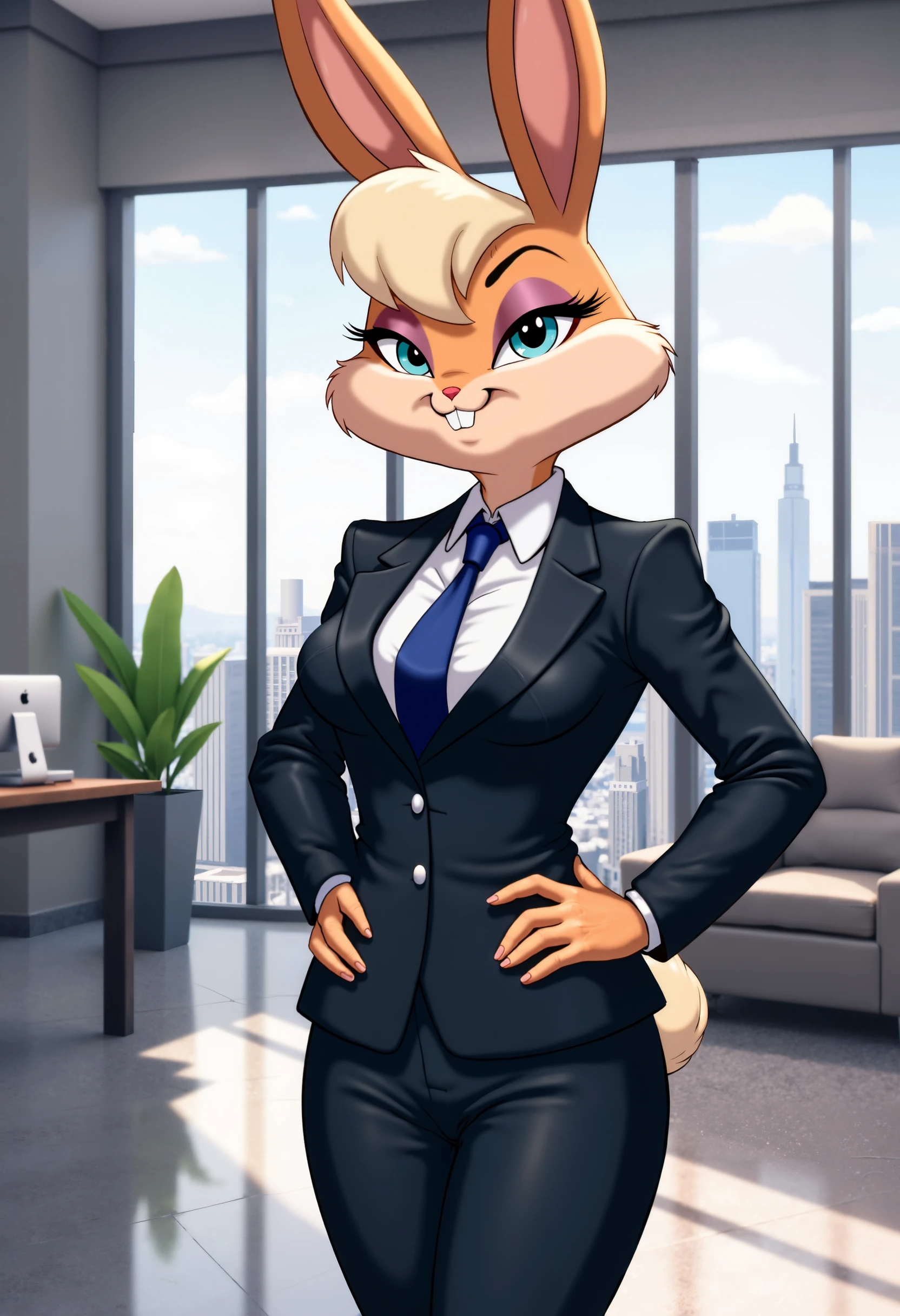 Lola Bunny in a professional business suit, standing confidently in a sleek, modern office with tall windows showing a city skyline.
