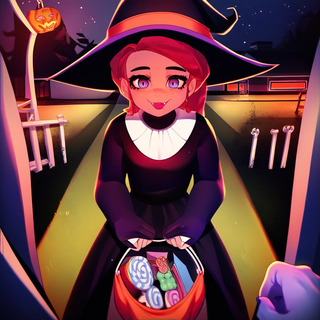 score_9, score_8_up, score_7_up, 1girl, solo, tr1ck0rtr3at, holding, bag, halloween costume, candies, night, halloween, trick or treat, witch, pov, street background,