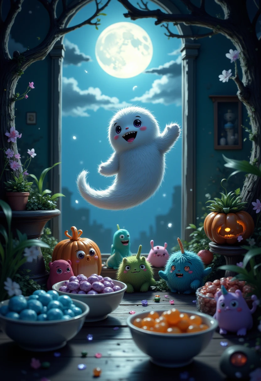 Imagine a whimsical scene featuring a cuddly ghost plushie floating gently through a moonlit room, surrounded by tiny, playful monsters peeking from behind candy bowls. The atmosphere is charming yet slightly eerie, with shadows dancing on the walls. <lora:Ultima_Flux_v1:0.4>