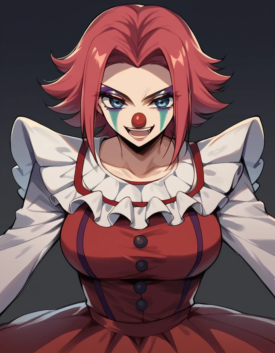 score_9, score_8_up, score_7_up, source_anime, <lora:kallen-stadtfeld-s1-ponyxl-lora-nochekaiser:1>, kallen stadtfeld, blue eyes, red hair, short hair, large breasts,, <lora:clown-ponyxl-lora-nochekaiser:1>, clown, makeup, clown nose, facepaint, gloves, long sleeves, frills, dress,, smile, open mouth, smug,, cowboy shot