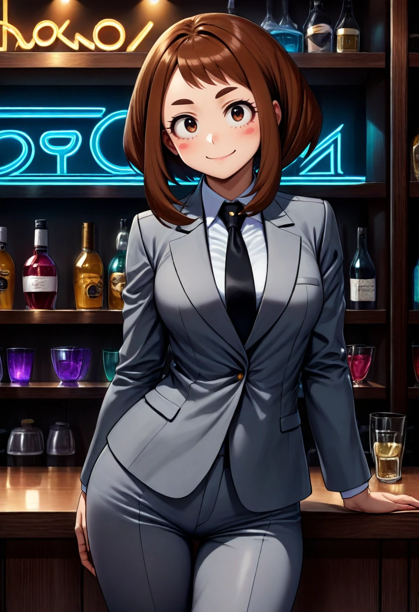 masterpiece, best quality,uraraka ochako,1girl, solo,cowboy shot, brown hair, brown eyes,short hair,grey suit,grey jacket, white collared shirt,grey pants, black necktie,medium breasts,indoors,bar,neon sign,shelf, smile,sitting, contrapposto, (from side:0.9)  <lora:OchakoIllus:1>