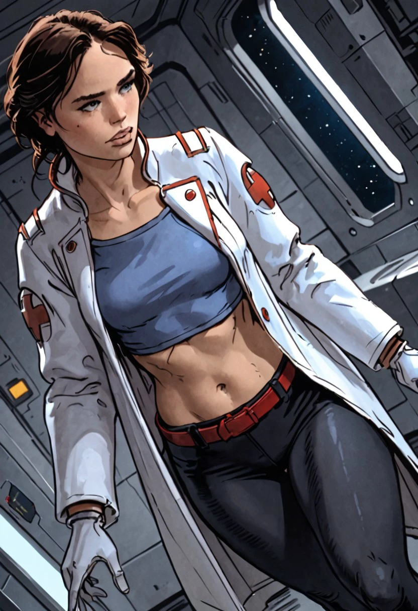 score_9, score_8_up, score_7_up, perfect face, best quality, masterpiece, lisa_caron, 1girl, solo, midriff, navel, blue crop top, red belt, black boots, medium breasts, white gloves, black leggings, white doctor jacket, standing, cowboy shot,
Detailed background, indoors, spaceship, dynamic angle, ultraHD, ultrarealistic, nightime, futuristic, Expressiveh