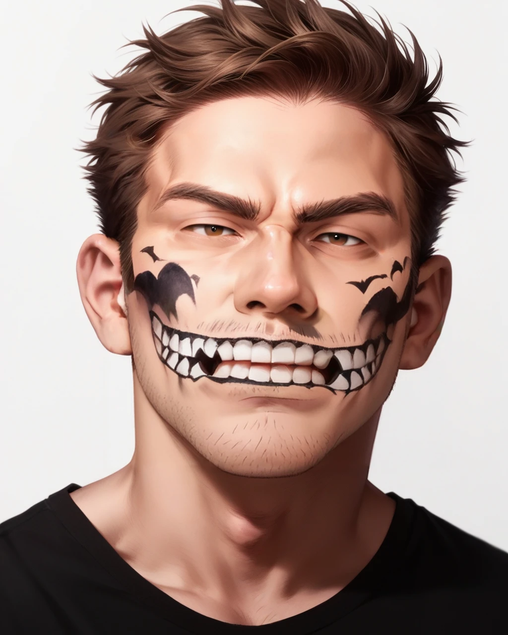 score_9_up, score_8_up, score_7_up, halloween makeup, 1boy, male focus, solo, looking at viewer, teeth, shirt, simple background, black shirt, realistic, white background, brown eyes, <lora:NeoNi_HMUP:0.8>