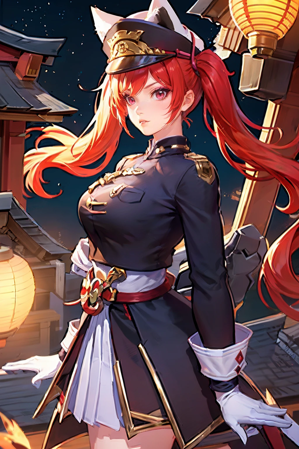 <lora:Capheny_Maple_Front_AoV_Model_LoRA:0.8>, Capheny_Maple_Front, 1girl, solo, hat, black headwear, animal ears, twintails, red hair, looking at viewer, red eyes, lips, closed mouth, uniform, military, military uniform, breasts, long sleeves, gloves, white gloves, skirt, white skirt, mask, fox mask, shoes, socks, white socks, black footwear
, outdoor, military camp, military camp background, japanese flag, maple tree, maple leaf, japanese style, realworld location, best quality, ultra high res, (photorealistic:1.4), masterpiece, real life skin, hyper real