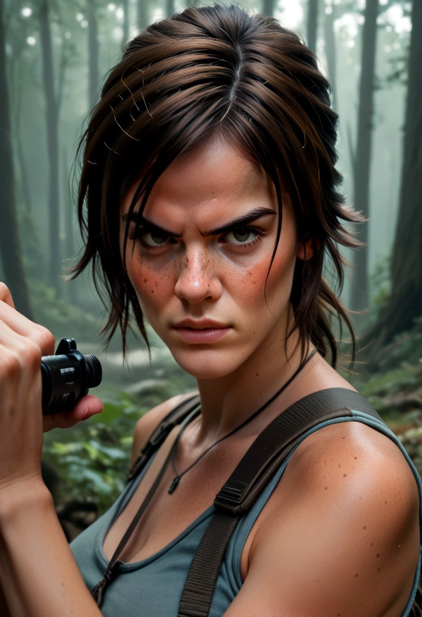 score_9,score_8_up,score_7_up,score_6_up Lara Croft: Tomb Raider freckled nose,  in the woods up close angry holding a glowing idol