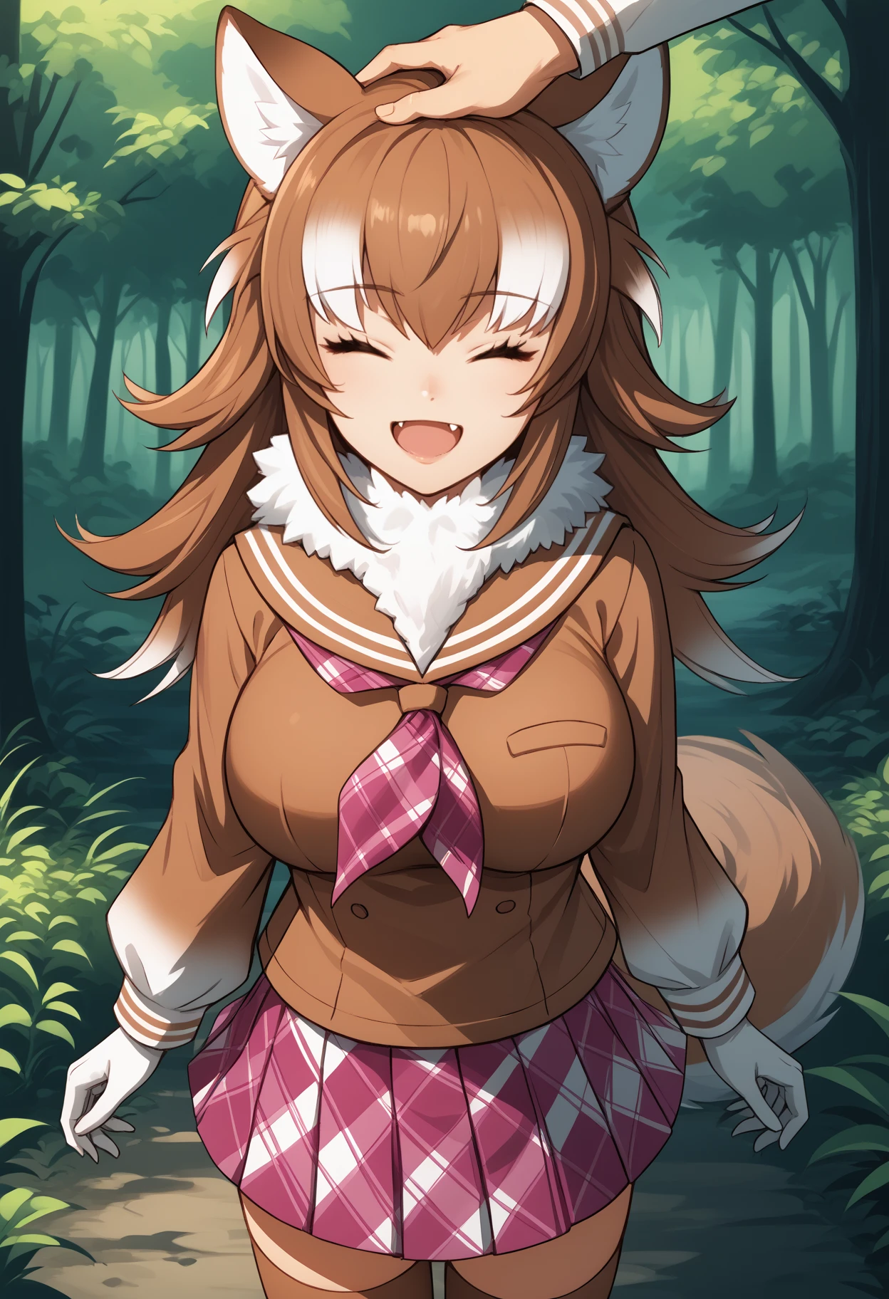 score_9, score_8_up, score_7_up, source_anime, <break> headpat, pov hands, solo, 1girl, japan3sew0lf, wolf tail, fang, smile, open mouth, long hair, two-tone hair, brown hair, white hair, animal ears, animal ear fluff, closed eyes, fur collar, serafuku, brown shirt, brown sailor collar, pink neckerchief, long sleeves, white gloves, plaid skirt, pleated skirt, brown thighhighs, large breasts, outdoors, forest
<segment:yolo-face_yolov8m.pt,0.4,0.5//cid=1>