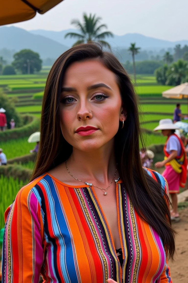 audra miller face, face closeup, wearing Striped Midi Dress – a dress with vertical stripes in a mix of bright colors, at background Busy Moroccan souk and vibrant colors, A misty rice terrace at sunrise, with soft, green layers stretching into the distance and morning dew glistening on each leaf,
<lora:flux_audra_miller_1:1.0>