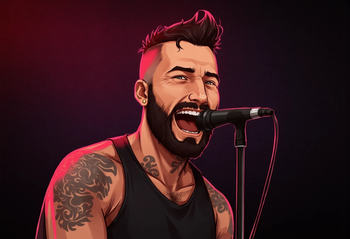 yyg_portrait of young male punk rock singer, short beard, mowhawk, screaming into a microphone