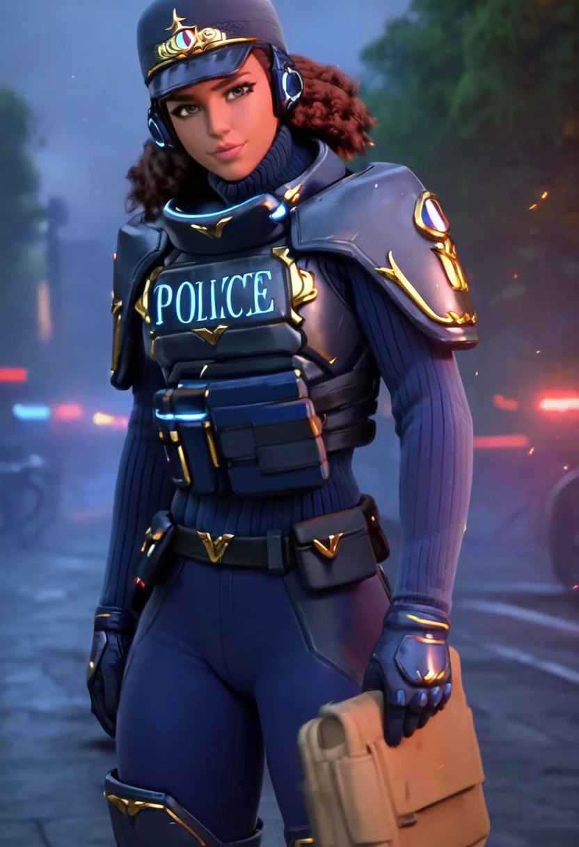 PolicewomanOW2,1girl,solo,brown hair, long hair,curly hair,very dark skin,brown eyes,dark skinned female,weapon,large breast,police,uniform,police uniform,armor,breast plate,helmet,gloves,pants,boots,thighhighs,lips,shoulder armor,leg armor,blue pants,footwear,pauldrons,sweater,belt,seductive pose,dat ass,
score_9, score_8_up, score_7_up, beautiful aesthetic, very intricate, high quality details,vibrant, highly detailed, award-winning, professional,anime artwork, anime style, studio anime, athletic, toned female,muscular milf,curvy body, athletic girl,fit girl, perky tits,huge breast,perfect tits, round breasts, nipple outline,looking at viewer, pinup pose,teasing, dynamic lighting, cinematic, smug, better than you, aura of temptation, highly detailed, high resolution, masterpiece, detailed clother, detailed background, highly detailed, ((sound effects)) comic layout,