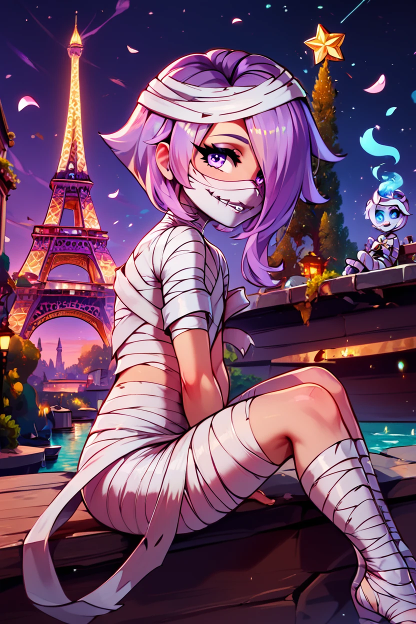 score_9, score_8_up, score_8,   BREAK, , zzDaimon, purple hair, purple eyes, mummy, colored skin, bandages,  grey skin,  <lora:Daimon_AFKArena_PDXL:1.0>, , BREAK, zzEiffelTower in background, sitting, watercraft, boat, sitting on wall, side view, looking at viewer, smile, ,,, BREAK, blooming stars, luminescent petals, otherworldly fragrance blurry background, ,,, embedding:zPDXL, Expressiveh, ,,, <lora:EiffelTowerPDXL:0.8>, <lora:CatalystStylePDXL:0.6>, <lora:SDXLFaeTastic2400:0.5>, <lora:Expressive_H-000001:0.4>,