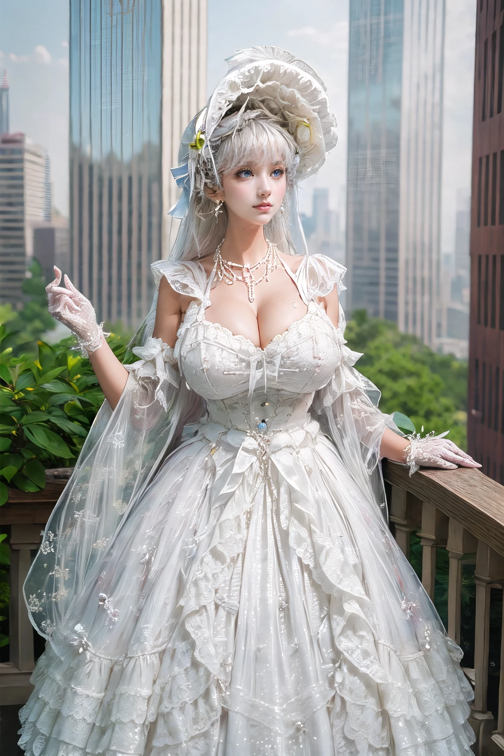 (masterpiece, best quality:1.2),illustration,8k,hd,1girl,solo,silver hair,blue eyes,long hair,cowboy shot,
tgdjy,white dress,lace gloves,jewelry,pearl necklace,white headwear,detached sleeves,bonnet,lace,earrings,white gloves,frills,
(collarbone:1.2),(skyscraper:1.3),big breasts,saggy breasts,(cleavage:1.2),