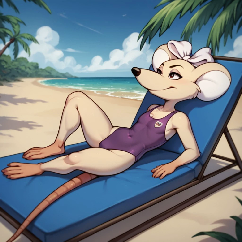 score_9, score_8_up, score_7_up, score_6_up, score_5_up, score_4_up, source_furry, Marciabb, young anthro, female, Marsupial Mouse, tan fur, purple one-piece swimsuit, lounging in a chair, on the beach, <lora:1a04c254-214b-43f5-a4af-9f875c02286c:0.7>