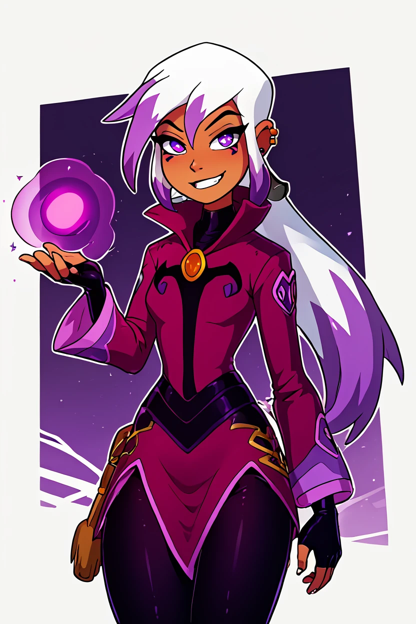 score_9, score_8_up, score_8,     BREAK, , ,,,  zCharmcaster, purple eyes, white hair, long hair, hair between eyes, purple hair, ear piercing, earrings, gloves, makeup, fingerless gloves, magic, <lora:Charmcaster_Ben10Omniverse_PDXL:1.0>, ,,,  , BREAK, smile, looking at viewer, ,,, abstract background, white outline, cowboy shot, ,,, embedding:zPDXL, Expressiveh, ,,, <lora:theOtherHalfPDXL:0.8>, <lora:CatalystStylePDXL:0.6>, <lora:SDXLFaeTastic2400:0.5>, <lora:Expressive_H-000001:0.4>,