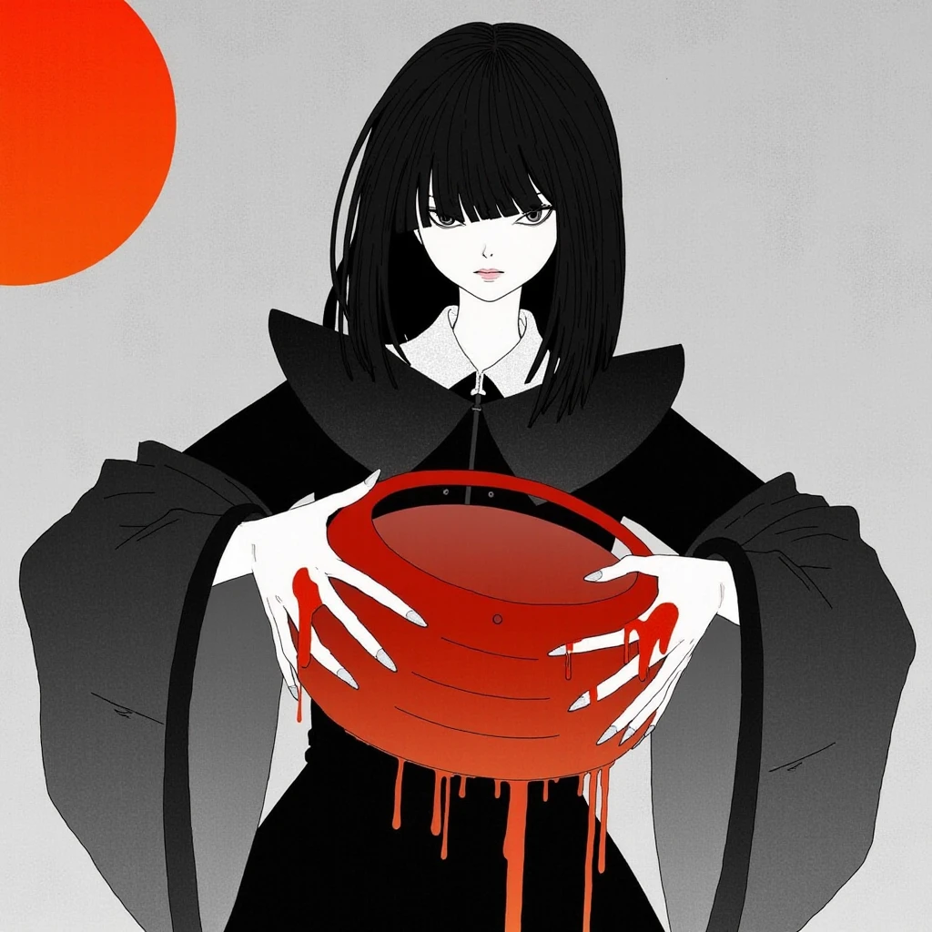 In style of Kotaro Chiba. The image portrays a woman with long black hair, dressed in a black dress with a high collar. She is holding a red object in her hands, which appears to be dripping with blood. The background of the image is a gradient of gray and orange, with a red circle positioned at the top left corner. The woman's face is partially obscured by her hair, adding an air of mystery to the scene. The overall tone of the image is dark and moody, suggesting a dramatic or intense narrative.