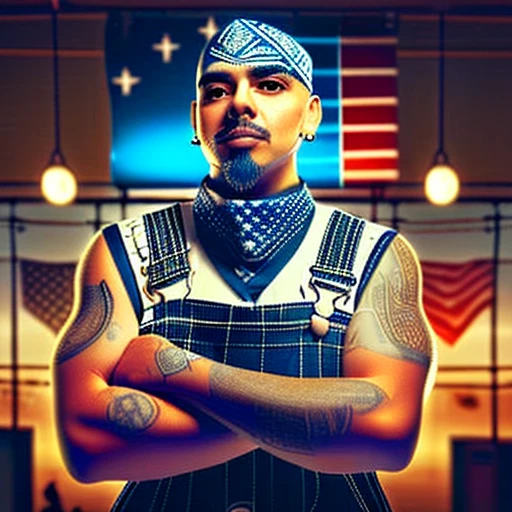 black eyes, facial hair, american flag, gloves, bald, black jacket, city, overalls, tank top, hoop earrings, blurry background, plaid jacket, bicycle, bandana, solo focus, crossed arms, looking at viewer, beard