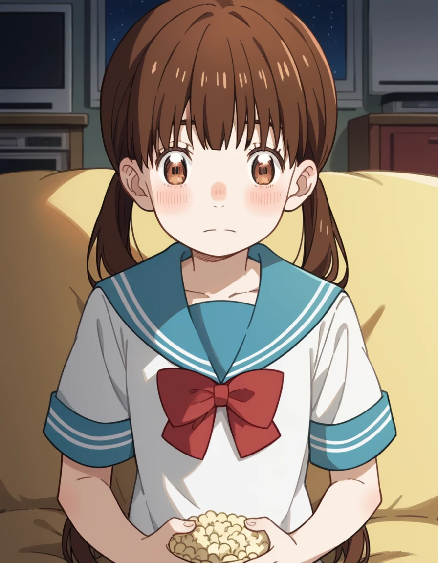 score_9, score_8_up, score_7_up, source_anime, <lora:hinata-kawamoto-s2-ponyxl-lora-nochekaiser:1>, hinata kawamoto, long hair, bangs, brown hair, twintails, brown eyes, low twintails,, shirt, bow, school uniform, white shirt, short sleeves, serafuku, bowtie, sailor collar, red bow, blue sailor collar, red bowtie,, living room, television, couch, popcorn, watching movie, night time, sitting,, , looking at viewer, hands on stomach, blush,, solo,, dutch angle,