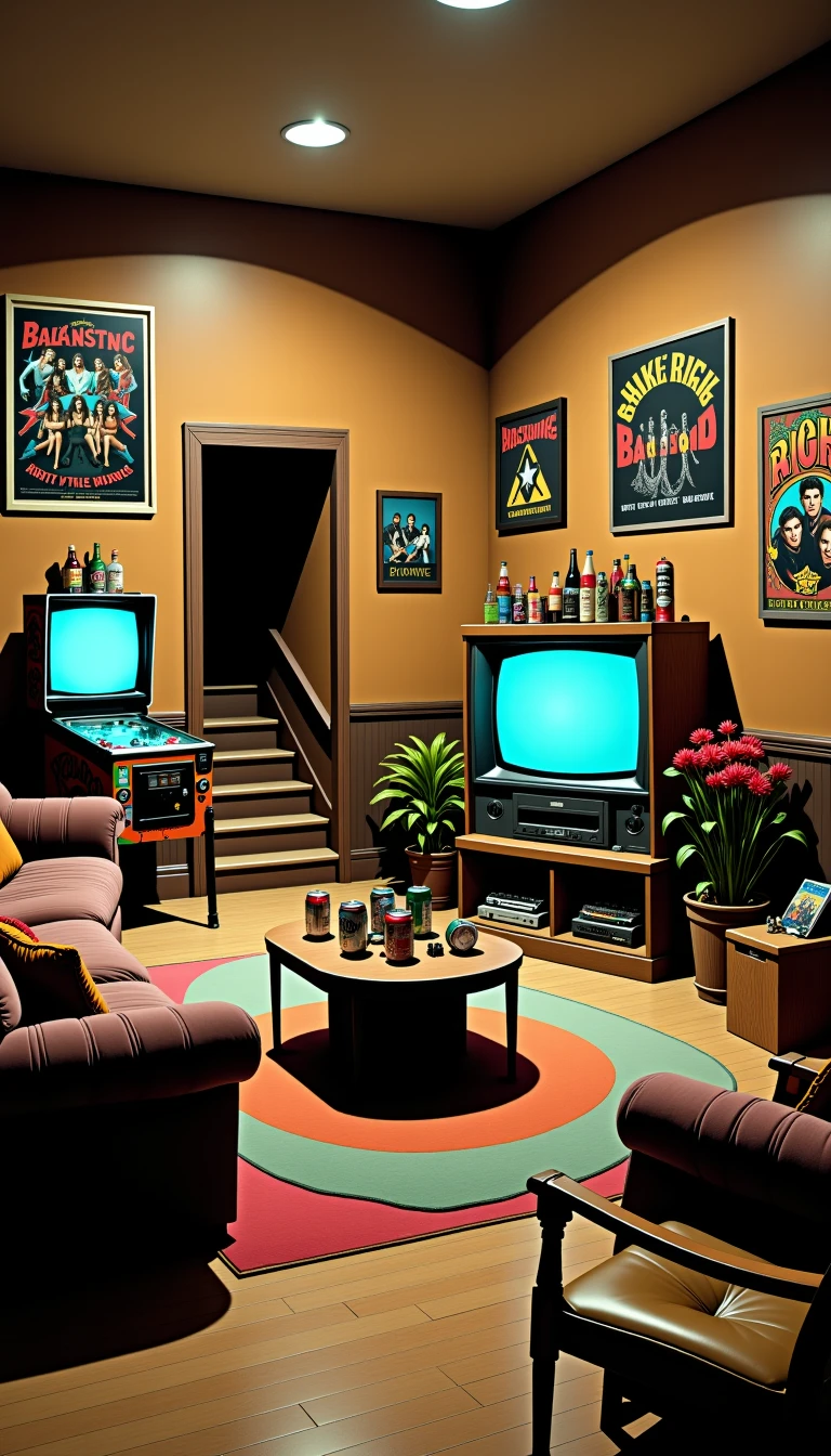 A basement rec room, furnished with a beat-up couch, a retro TV set, and a pinball machine in the corner. The walls are adorned with vintage band posters, and a small table covered with soda cans and snacks sits in the center. A set of stairs leads to the rest of the house.  <lora:Everly_Heights_Set_Builder_FLUX:1>