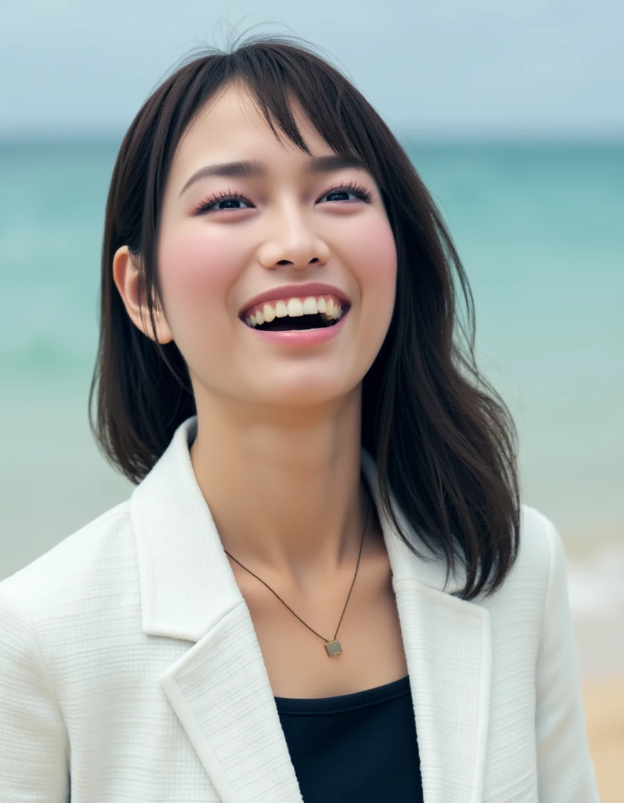 Upper body photo of young Japanese woman laughing. She is wearing a necklace and white textured blazer over a black top. The background implies a tropical beach at daytime. <lora:Saeko_Mukoda_-_Flux-000001:1>