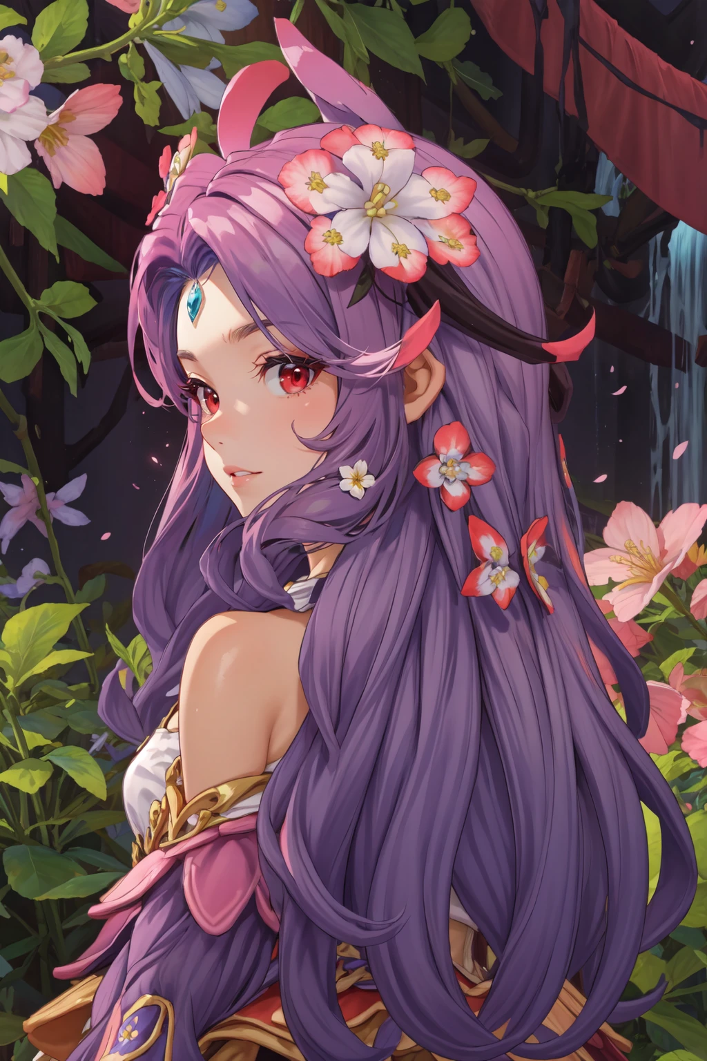 rom_nighogg,
(masterpiece, best quality, beautiful and aesthetic:1.3),
1girl, solo, upper body, from behind, smile, open mouth,  looking at viewer, cherry blossoms, heart, vivid colors, tranquil and magical atmosphere, light rays, tyndall effect,
shiny skin, beautiful face, beautiful eyes, extreme detailed, official art, professional illustration, hires,
<lora:rom_nidhogg-10:0.8>, <lora:add_detail:0.5>,