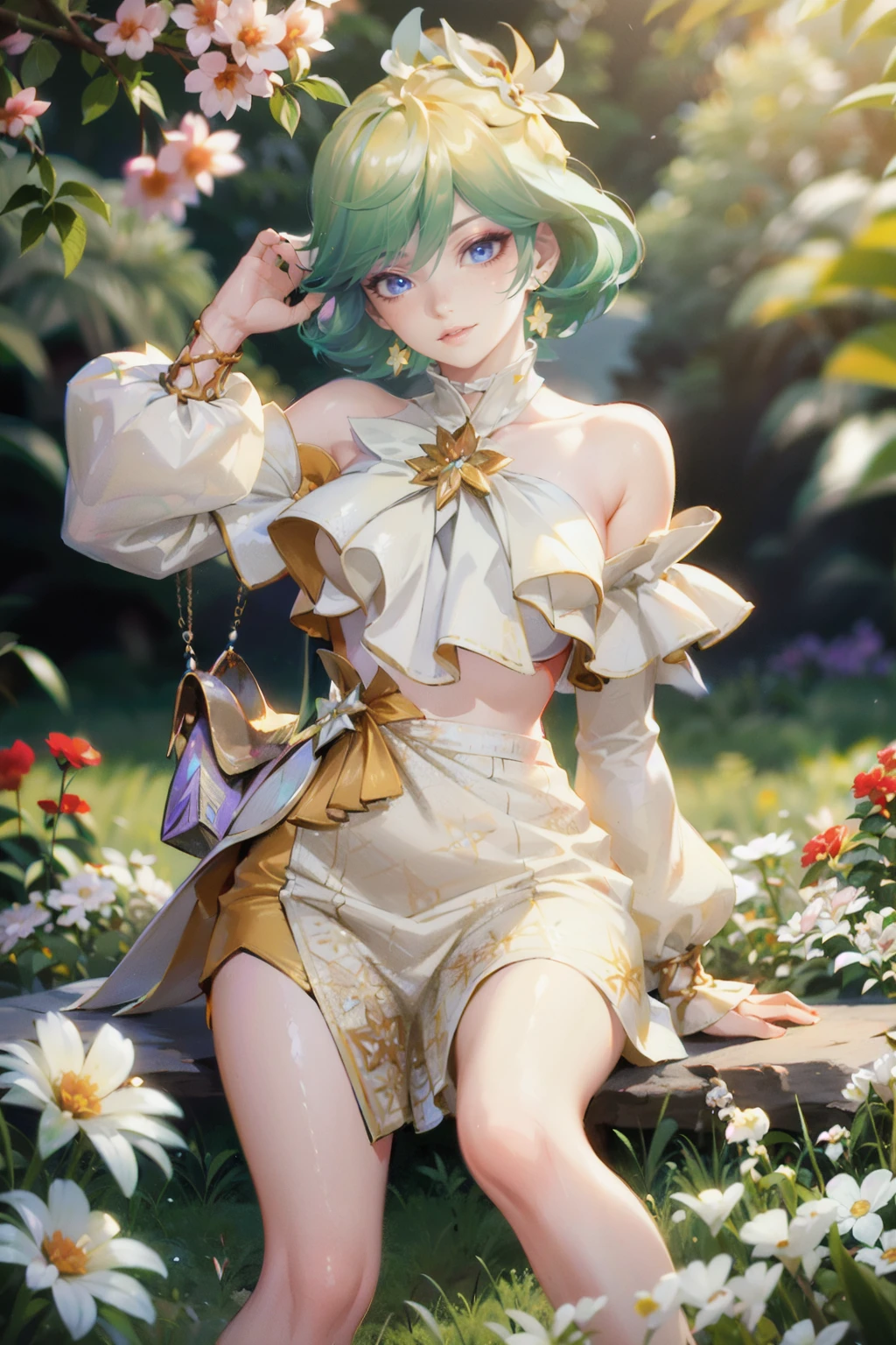 <lora:Violet_Patal_of_Rizz_AoV_Model_LoRA:0.8>, Violet_PoR, 1girl, solo, short hair, green hair, multicolored hair, flower, earrings, looking at viewer, blue eyes, lips, dress, breasts, jewelry, puffy sleeves, long sleeves, nail polish, legs, feet, high heels, white footwear, toes, toeless footwear, large breasts
, flower, outdoors, day, blurry, depth of field, blurry background, nature, scenery, purple flower, field, still life, best quality, ultra high res, (photorealistic:1.4), masterpiece, real life skin, hyper real