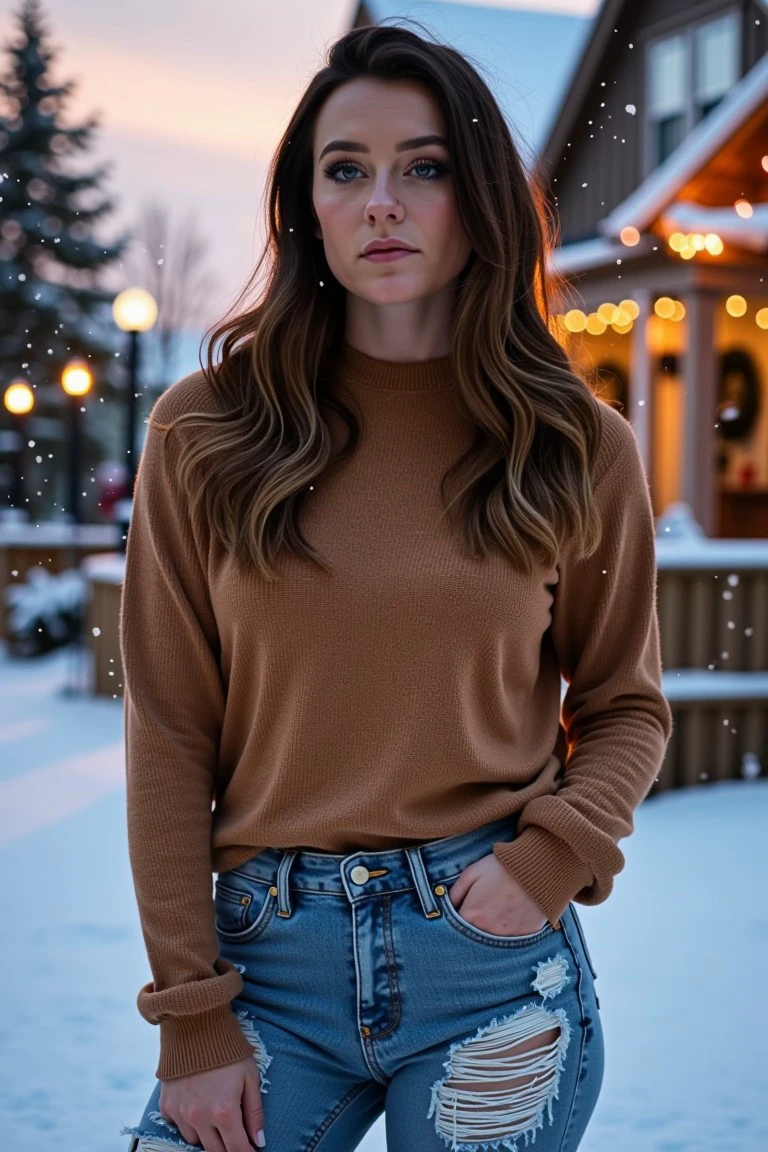 audra miller face, closeup, wearing Ripped Boyfriend Jeans – relaxed-fit jeans with intentional rips and tears, offering a laid-back look, at background Quaint bed and breakfast and sunrise, A light snowfall under pale streetlights, with flakes drifting slowly and gently down, creating a quiet, serene atmosphere,
<lora:flux_audra_miller_1:1.0>