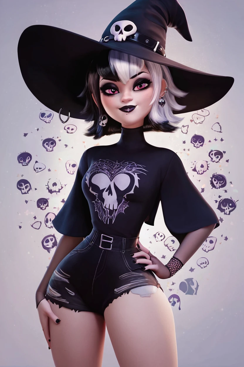 score_9, score_8_up, score_8, medium breasts, (curvy), cute, eyelashes,       BREAK, ,   ,,, <lora:GothMavis_PDXL:0.8>, witch hat, zzGothMavis, black hair, white hair, makeup, short hair, black lips, multicolored hair, two-tone hair, ear piercing, eyeshadow, gothic, shirt, lipstick, tattoo, turtleneck, cross, skull print shirt, ,,, , BREAK, smile, looking at viewer, cowboy shot, ,,, embedding:zPDXL, <lora:DiivesP1:0.7>,