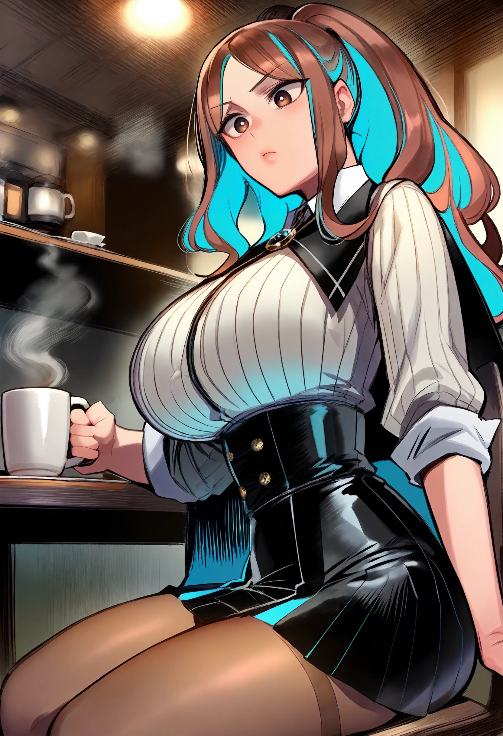 1 girl, standing alone, nakano miku, long brown hair, hair between the eyes, earbuds, (barebody:1.3), (white apron), breasts big, neckleace, thicc thighs, coffee background, (blushful:1.2)