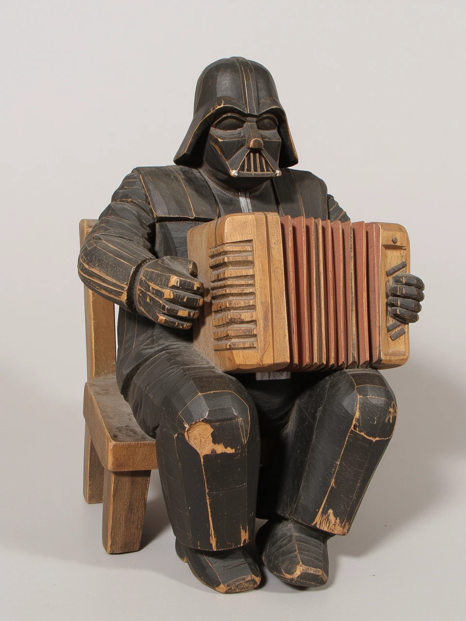 w00dn figure carving of fat Darth Vader sitting in a kitchen, playing the accordion. The figure is in a used condition with some signs of wear and tear. The hand-painted colors are worn and faded, and the wood has chipped on the arm. A large crack in the wood runs through the figure.
