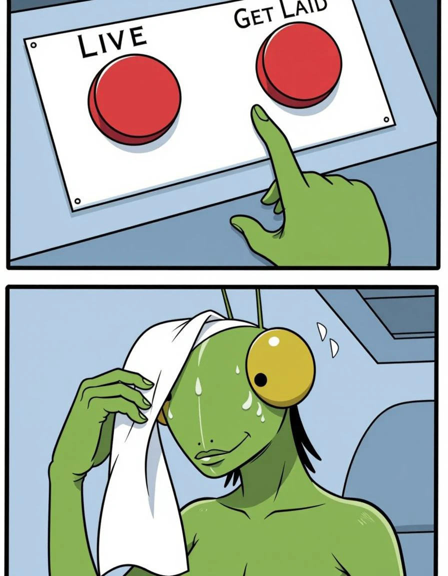 The image are high-resolution cartoon scene featuring a praying mantis with two buttons In twobuttonsmeme style.
Top panel: Two buttons, ("Live":1.2) label above the red button, ("Get Laid":1.2) label above another red button. The praying mantis's claw is visible.
Bottom panel: a humanoid praying mantis looking downwards while wiping sweat off its forehead with a handkerchief.
<lora:fluxgym-style-twobuttonsmeme-lora01:0.5>