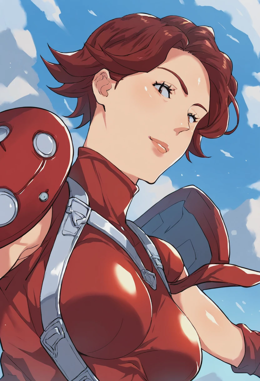 source_anime, score_9, score_8_up, score_7_up, 1girl, mature_female, white_hair, large_breasts, portrait, solo, Pretending to be a superhero in flight, pov, (Red jammers), Auburn hair, cropped_legs, rating_safe, <lora:pony\artist_styles\mosquito_man_pony:1.0>