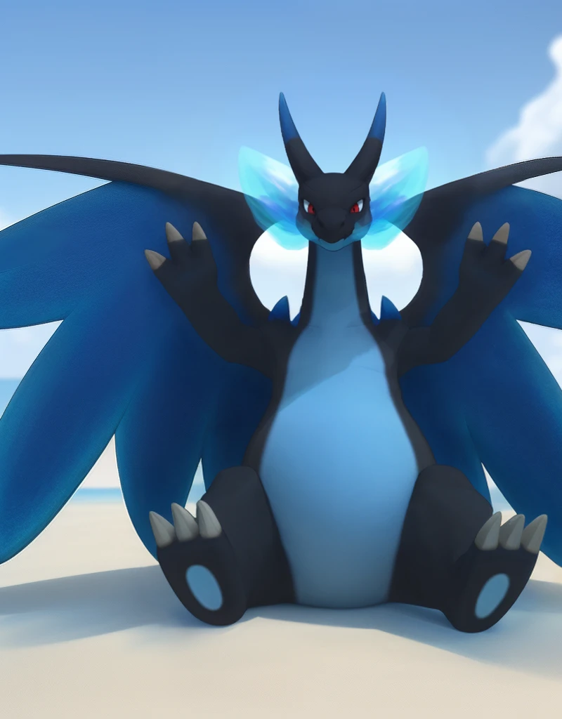 (((detailed eyes, detailed face))), (feral, normal megacharizardx <lora:character_charizard_pokken_megax_findigo_v1_normal:1>, pokemon, black skin, blue belly, blue wings, blue horns, red eyes, flame-tipped tail, claws), male, (solo), (plump, fat, chubby, overweight), (nude), sitting, (spreading legs), smile, (front view) BREAK (konzaburou, ukan_muri), beach, (flat shading, flat color, high brightness), 8k, UHD, masterpiece, (full body), (flame-tipped tail, blue flame), (((wings)))